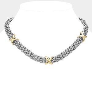 14KGP Two Tone Criss Cross Mesh Magnetic Necklace